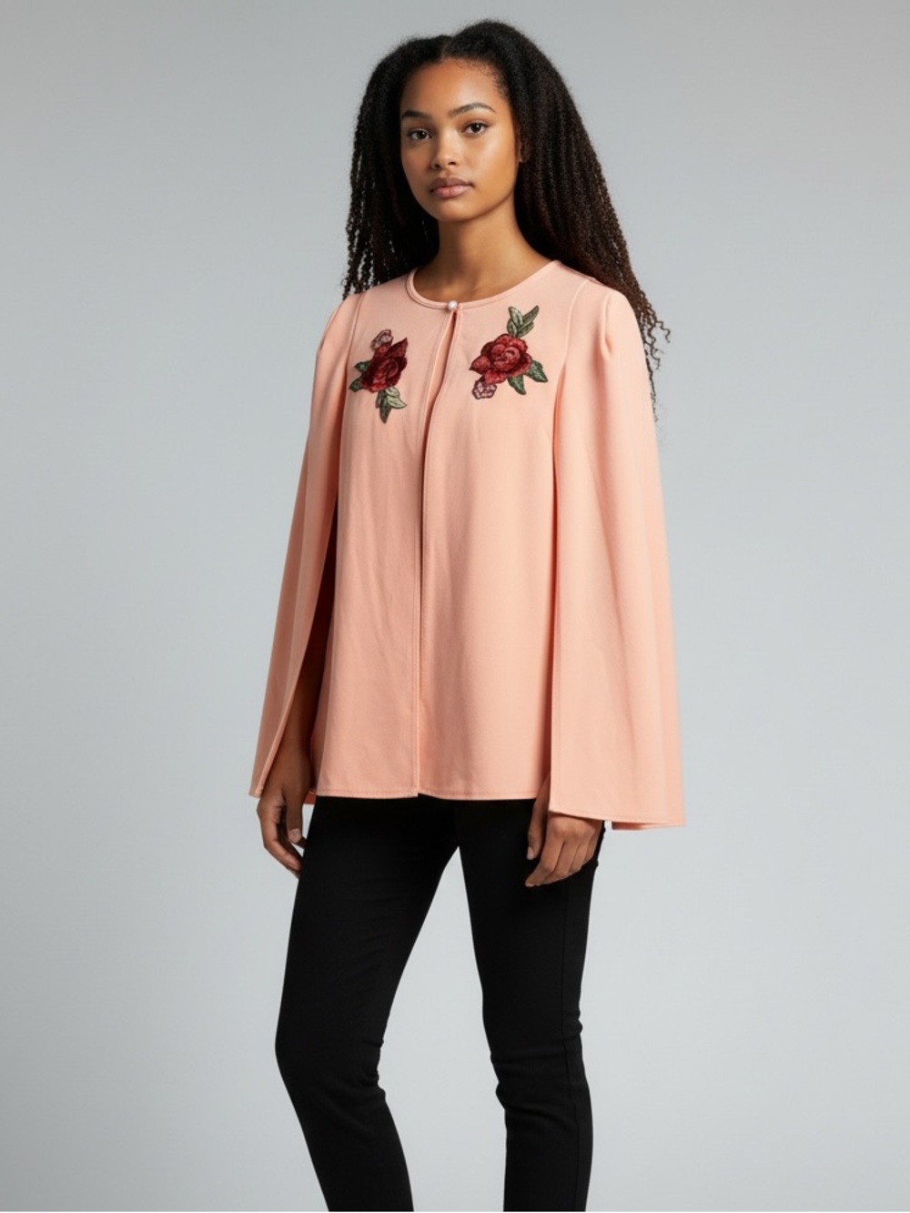 Boohoo Peach Cape-Sleeve Embroidered Top